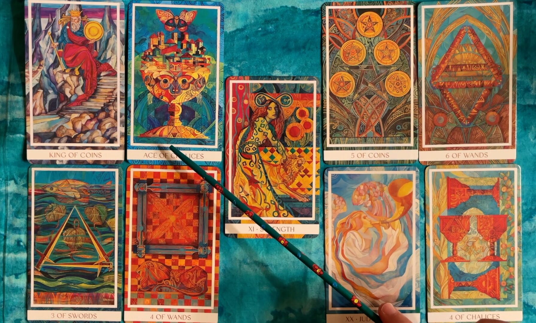 5-position Card of the Year spread showing an example from the Crystal Tarot