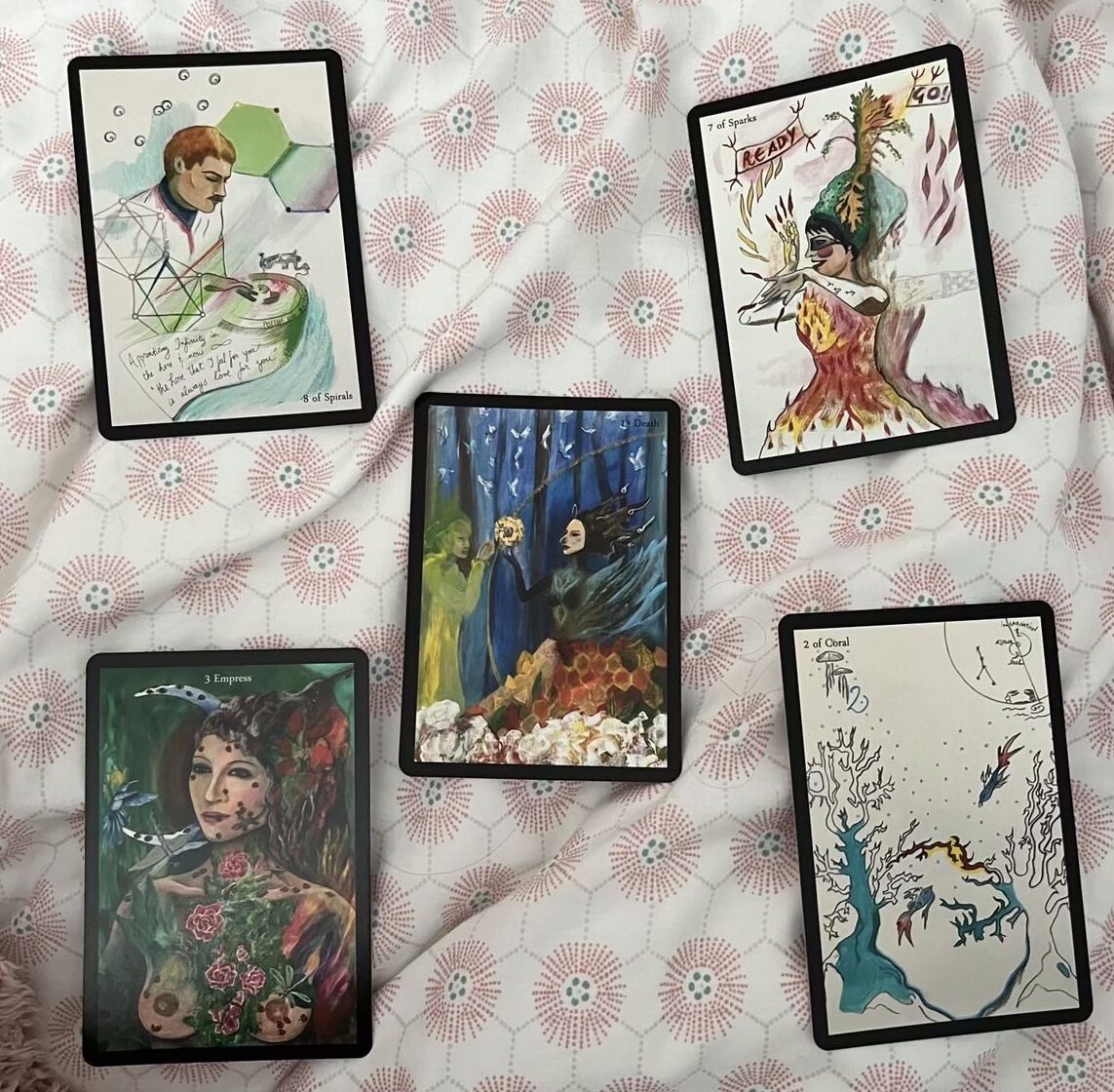 A card of th year spread with one focus card in the center and four others in a box around the central card.