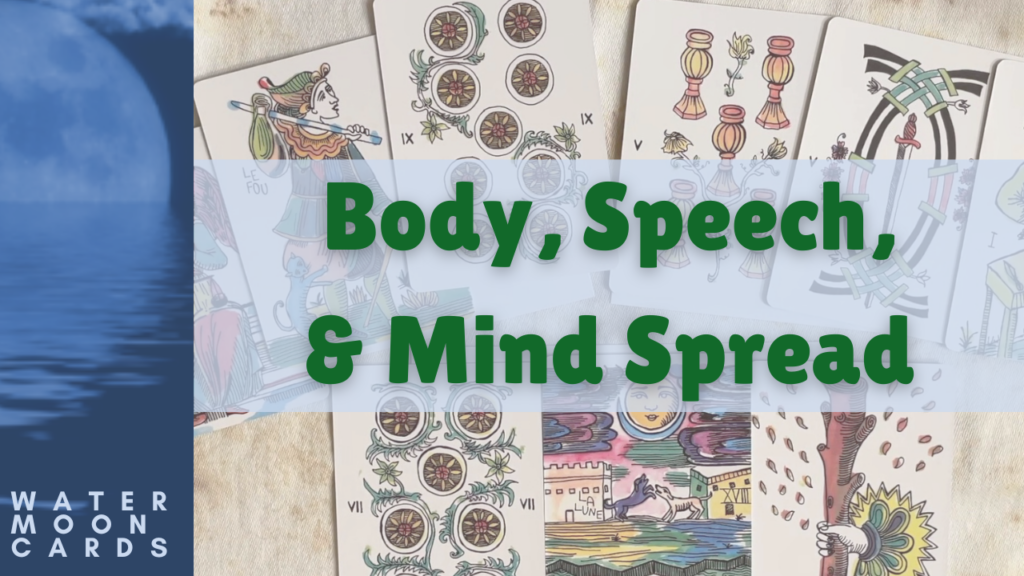 A sample reading of the Body, Speech and Mind spread from the pastel-colored Marshmallow Marseille. There are 9 cards, 3 for each position.