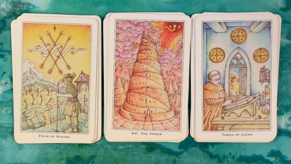 the 4 of staves, tower and 3 of coins from the Nigel Jackson Tarot